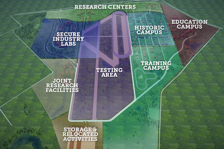 Rellis Map With Labels of Research Centers, Education Campus, Historic Campus, Training Campus, Testing Area, Storage & Relocated Activities, Joint Research Facilities, and Secure Industry Labs