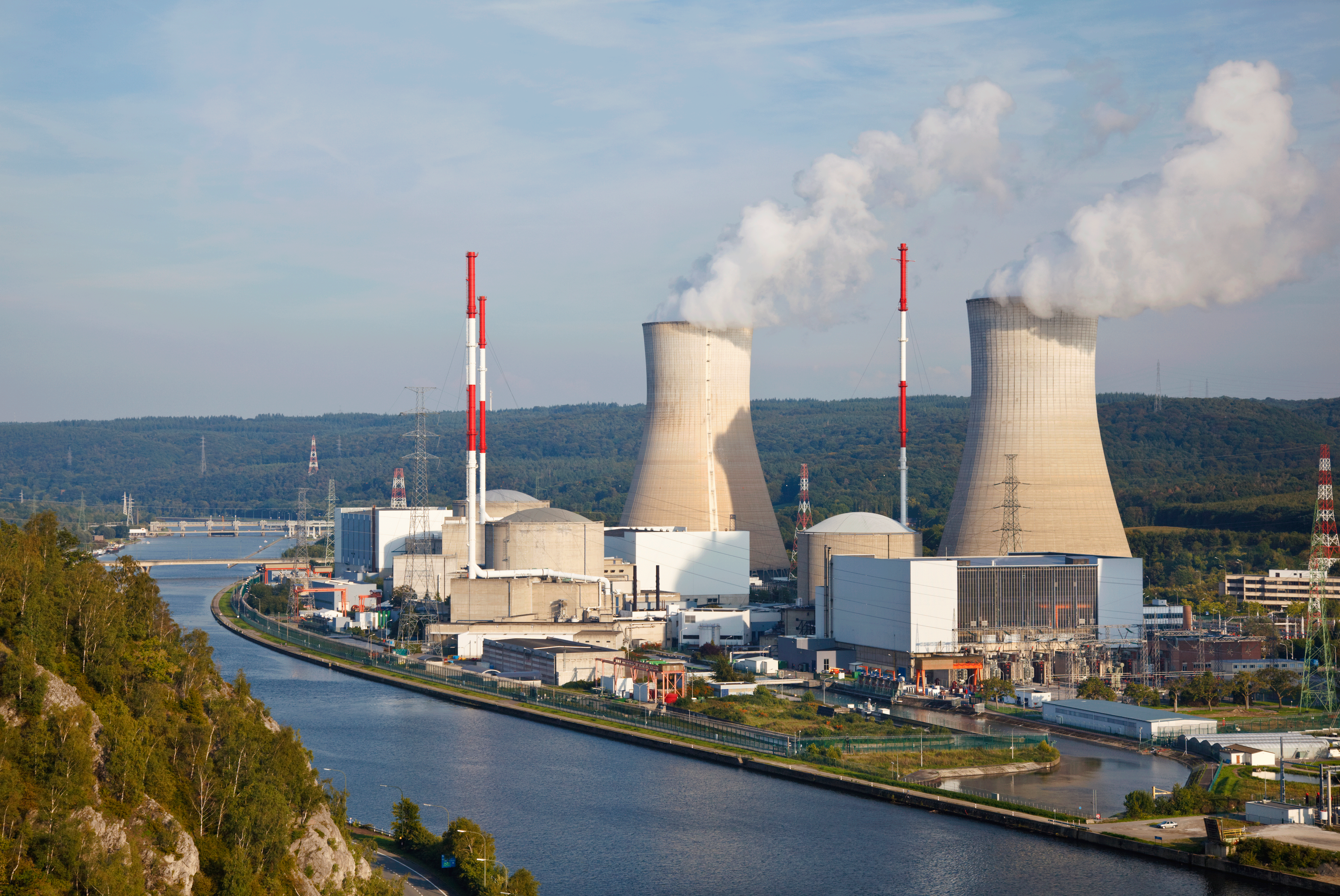 A long shot of Two active nuclear reactors.