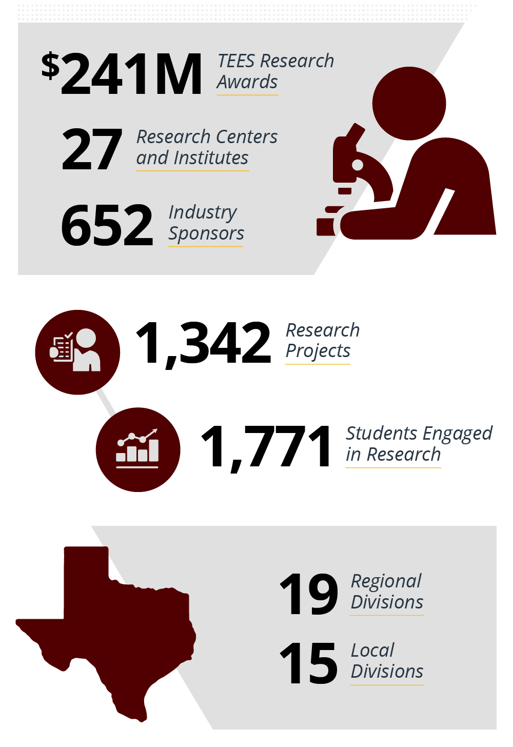 TEES statistics for 2021 are TEES Research Awards: $241M, Research Centers and Institutes: 27, Industry Sponsors: 652, Research Projects: 1,342, Students engaged in research: 1,771, Regional Divisions: 19, Local Divisions: 15.