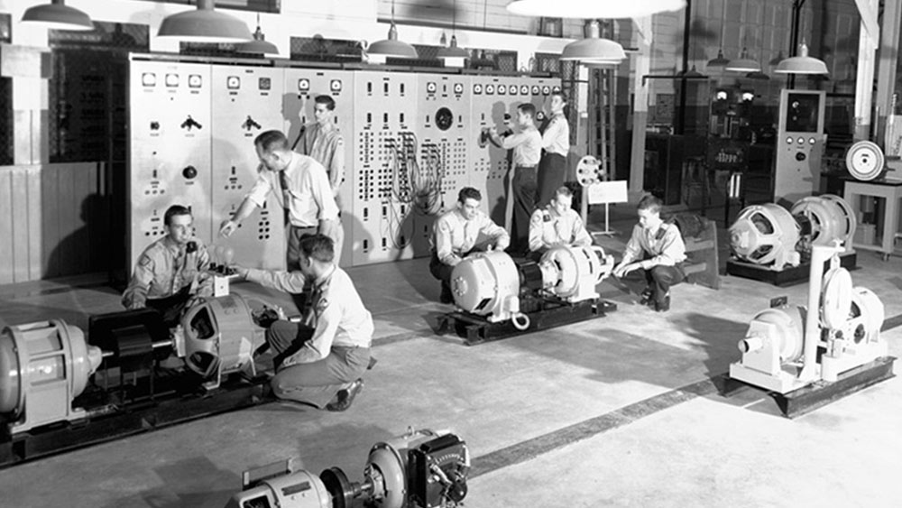 historical photo of a TEES research assembly shop