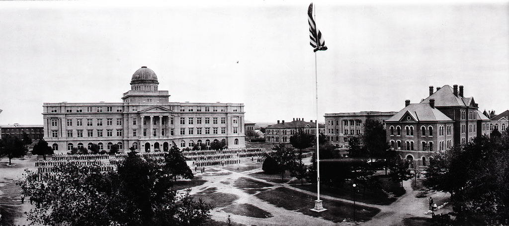 The black-and-white photograph of the Academic Building on the Texas A&amp;M University campus in 1939.