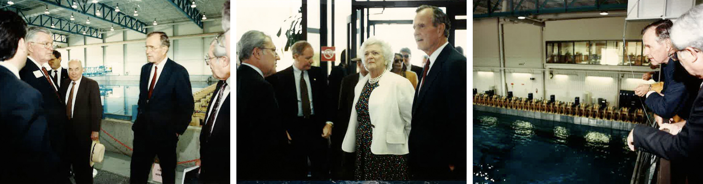 Three photos of George H.W. Bush and Barbara Bush touring the wave basin at the Offshore Technology Research Center.