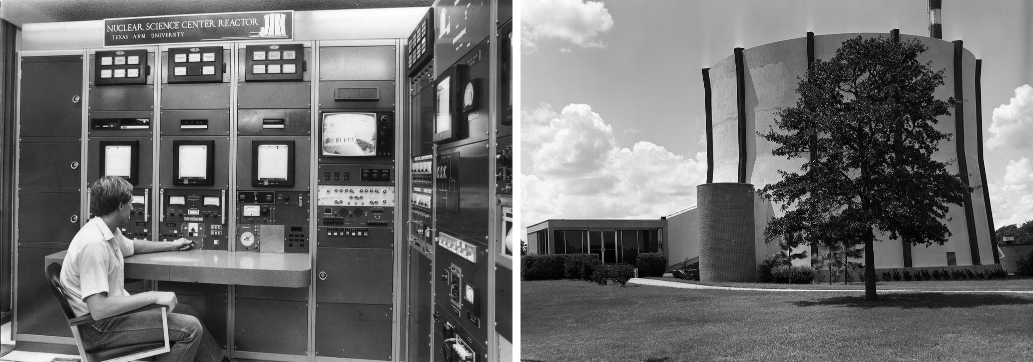 Two photos. The first photo features a man sitting in a chair as he works at the Nuclear Science Reactor in front of a wall covered in several screens and knobs. The second photo is of the Nuclear Science Center in 1968.