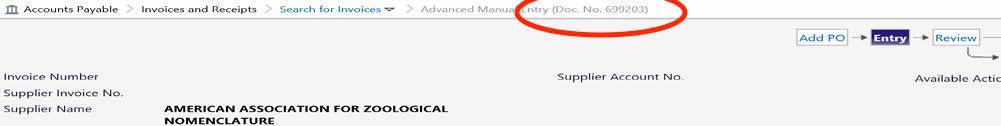 Screen shot of an Account Payable page indicating document number on top right.