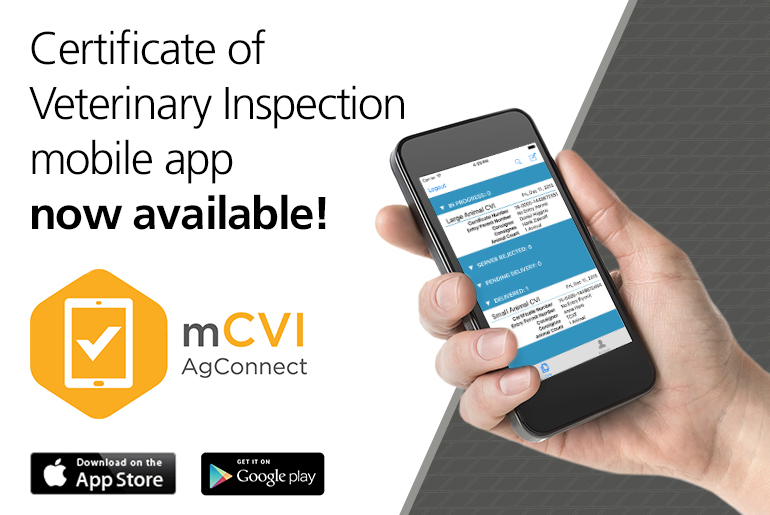 Advertisement Showcasing Words of Certificate Of Veterinary Inspection Mobile App Now Available! mCVI AgConnect Download On The App Store Get It On Google Play