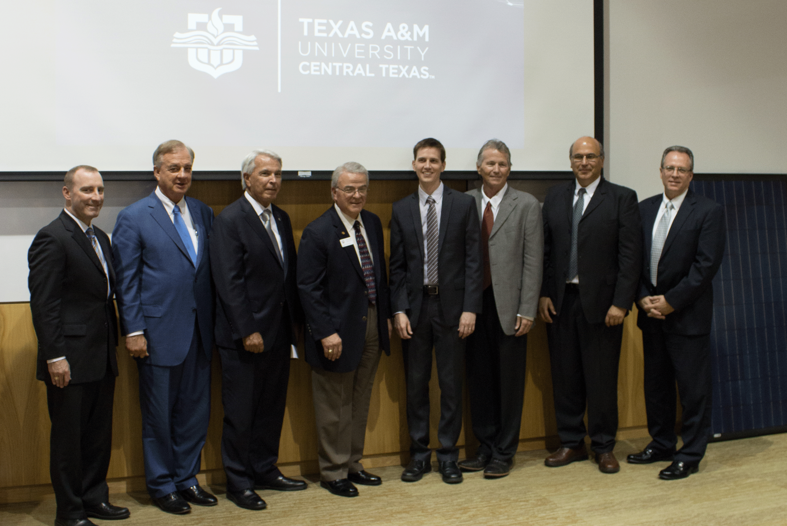 Dr. Jon Mogford, Vice Chancellor for Research, Texas A&M System; Sharp; Jim Yeonopolus, Chancellor, Central Texas College; Nigliazzo; Harvey; Bruce Mercy, Executive Director, The Center for Solar Energy; Lagoudas; and Dr. Russ Porter, Vice President for Research and Economic Development, A&M-Central Texas.