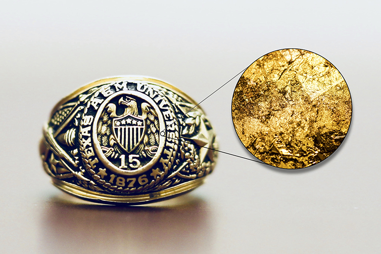 Aggie ring and an enlarged image of nanoporous gold.