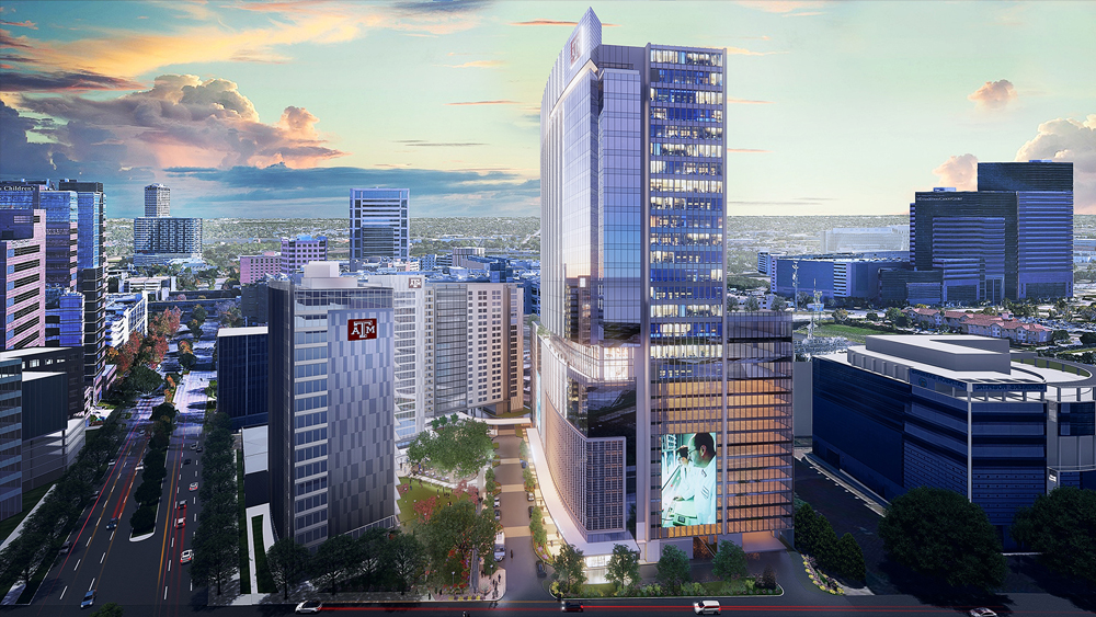 Digital rendering of the forthcoming Texas A&amp;M Innovation Plaza in Houston, Texas.