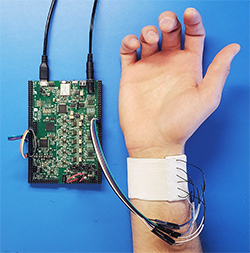 The Bio-Z XL system designed to capture blood pressure attached to a person's wrist.
