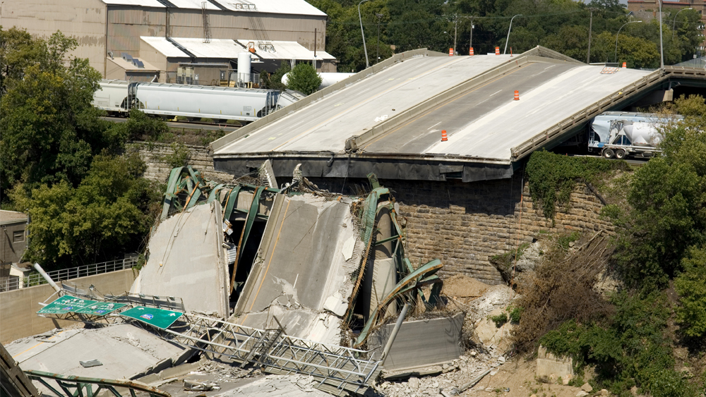 A concrete bridge collapse after a natural disaster. 