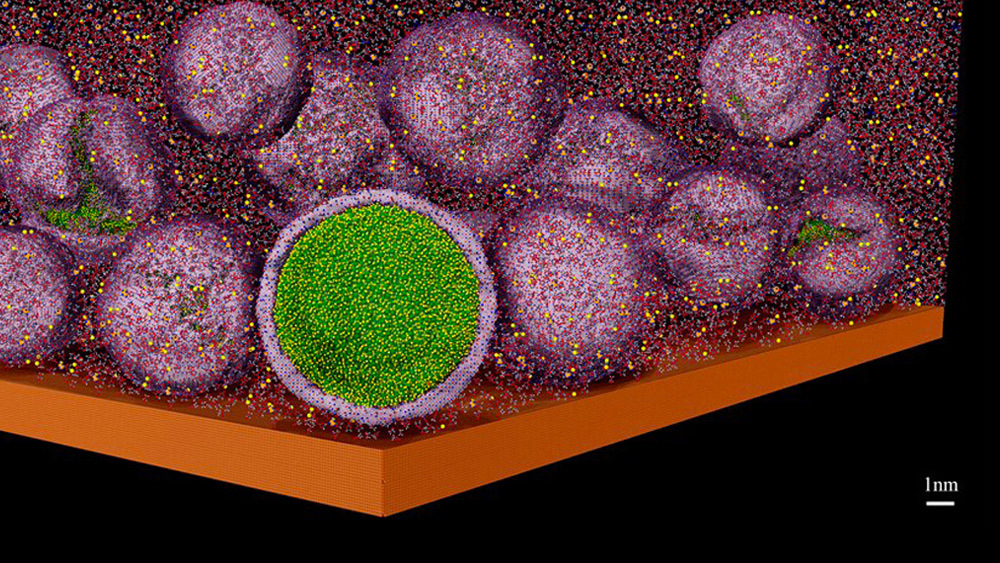 A simulation of a microscopic view of a stable solid-electrolyte-interphase layer surrounding battery anode nanoparticles.