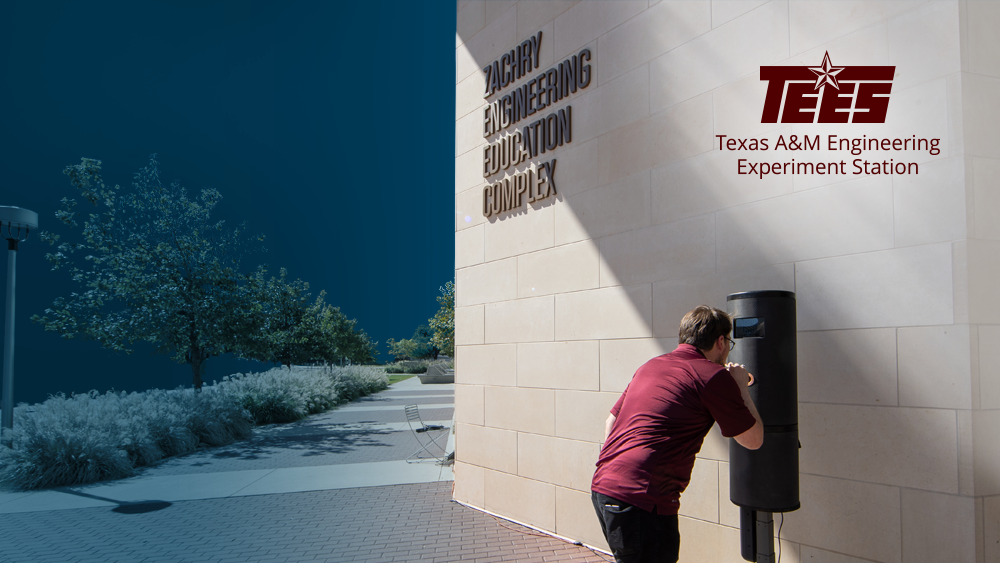 Man using Worlds Inc. breathalyzer in front of the Zachry Engineering Education Complex