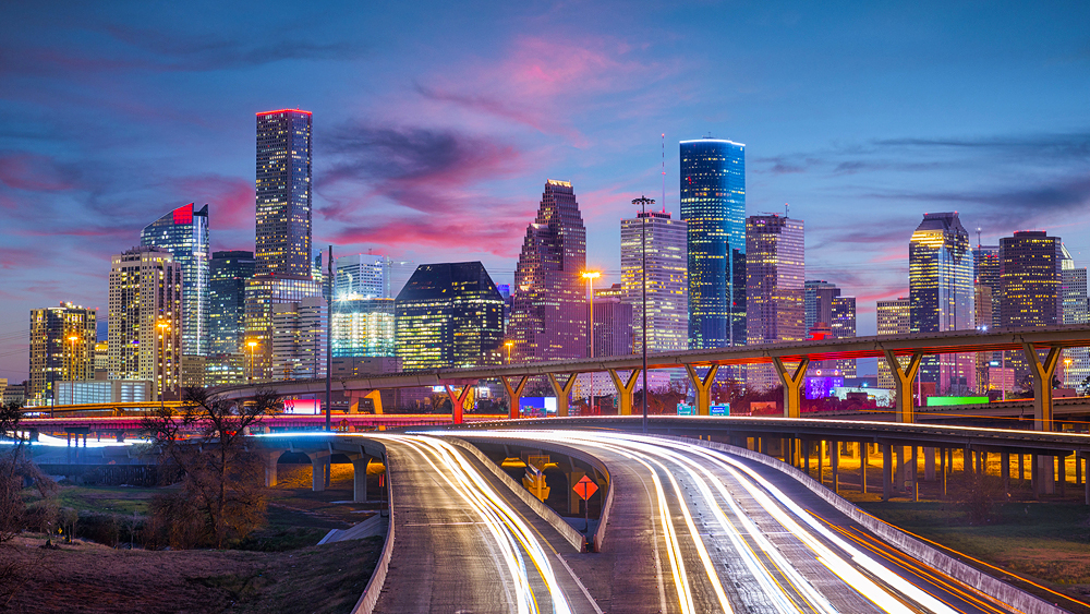 The bright Houston skyline at twilight.