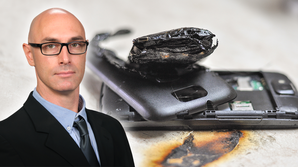 Dr. Olivier Mathieu and a graphic representation of a cellphone with a burned battery.