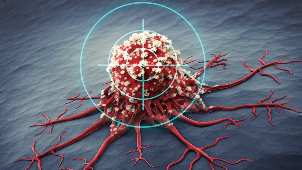 A cancer cell with a symbol of the target shown on it.