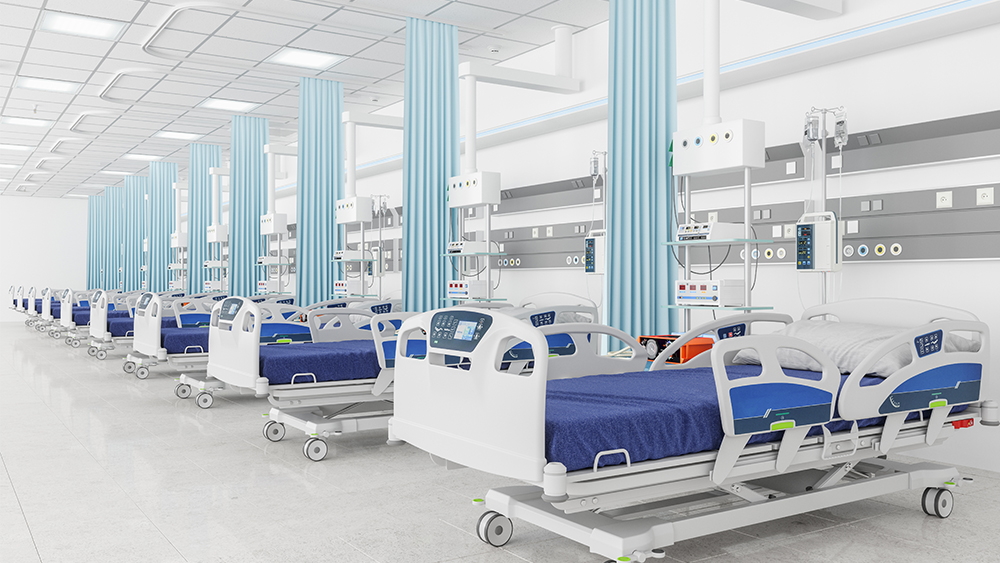A row of beds in the intensive care unit at a hospital. 