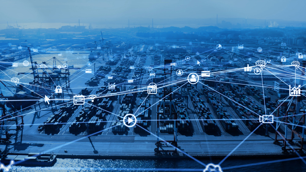 A network of business-related icons transposed over a cargo shipyard.