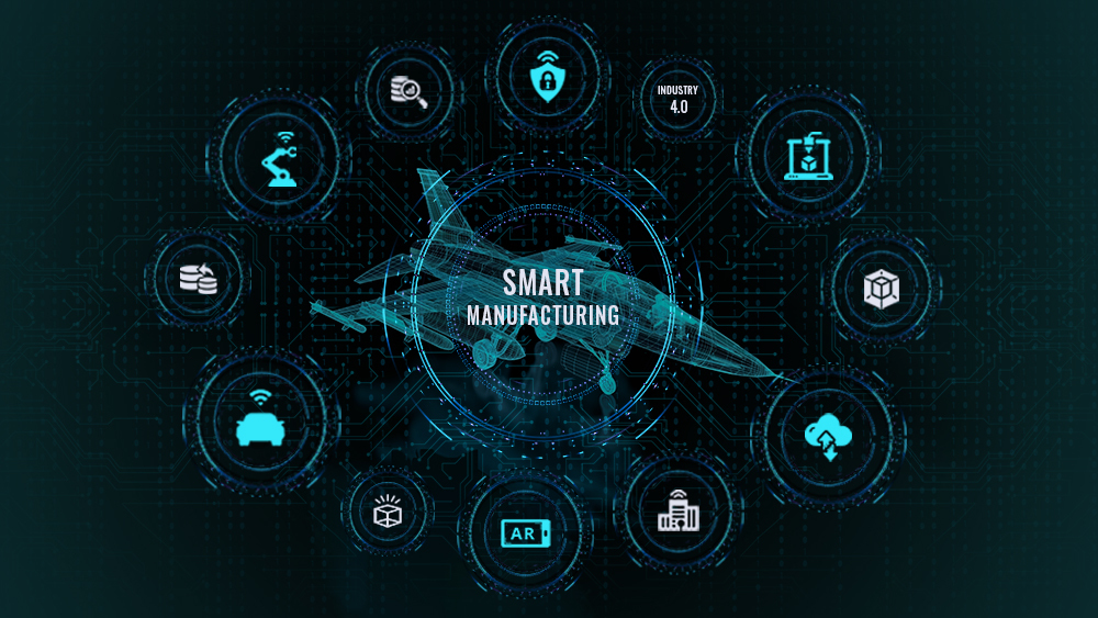 Graphic depiction of a mesh fighter jet surrounded by smart manufacturing-related icons inside circles.