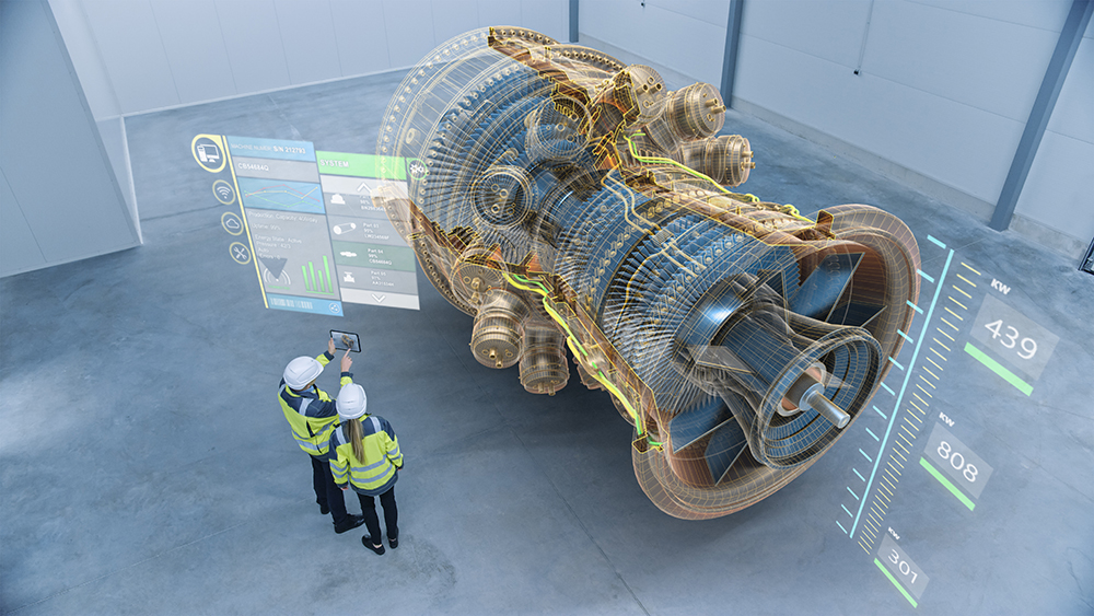 Two engineers standing and talking in a factory with an augmented reality 3D model concept of giant turbine engine.