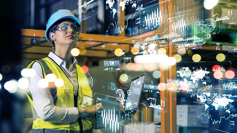 Female manufacturing worker and industry 4.0 network concept