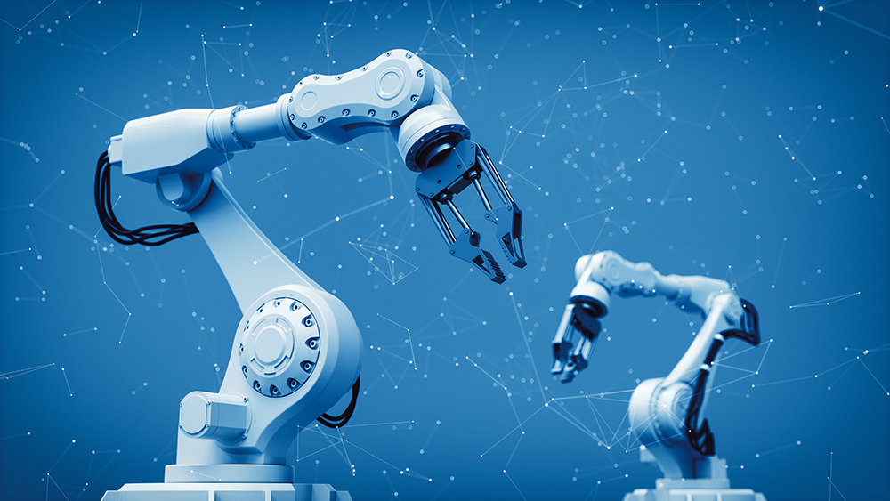 Two white robotic arms against a blue background 