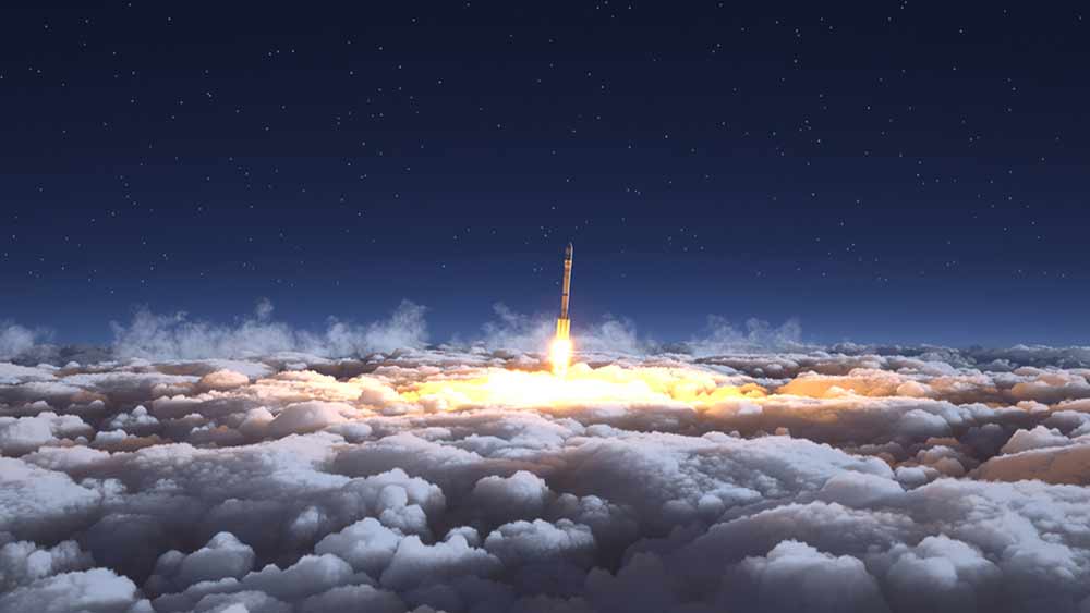  3D illustration of rocket flying through the clouds in moonlight.