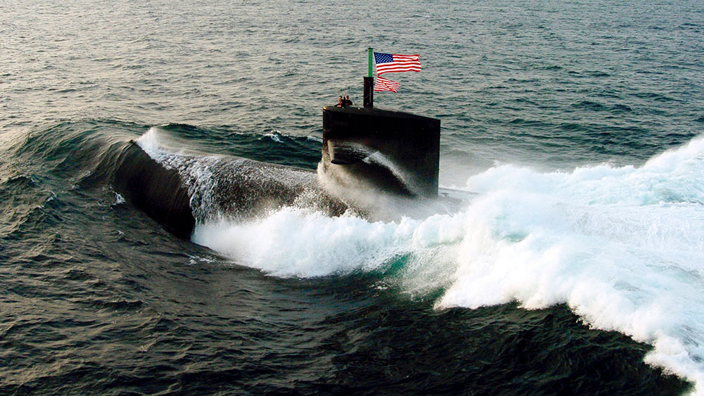 Submarine with an American flag emerging from the ocean 
