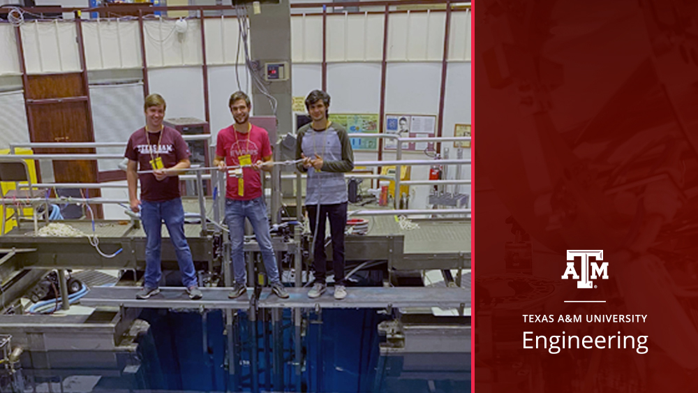  Tyler Gates (left), Dr. Anthony Birri (middle) and Noah Morton (right) standing on a reactor bridge in the Nuclear Engineering Science Center at Texas A&M.