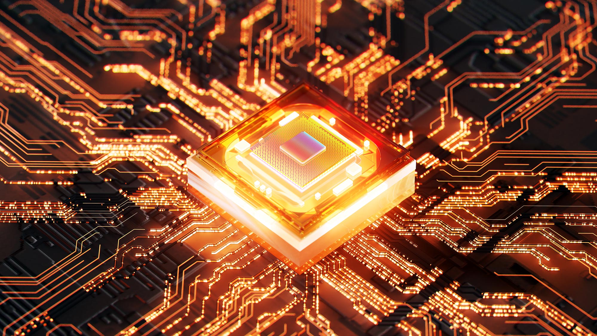 An image of a glowing futuristic semiconductor and digital data flowing.