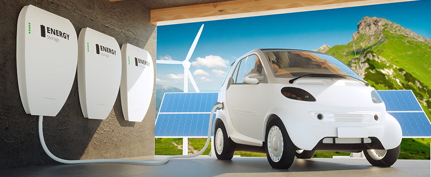 3D rendering of a white mini electric car charged through "Energy Storage" tank on the wall. In the background is solar panel and wind mill.