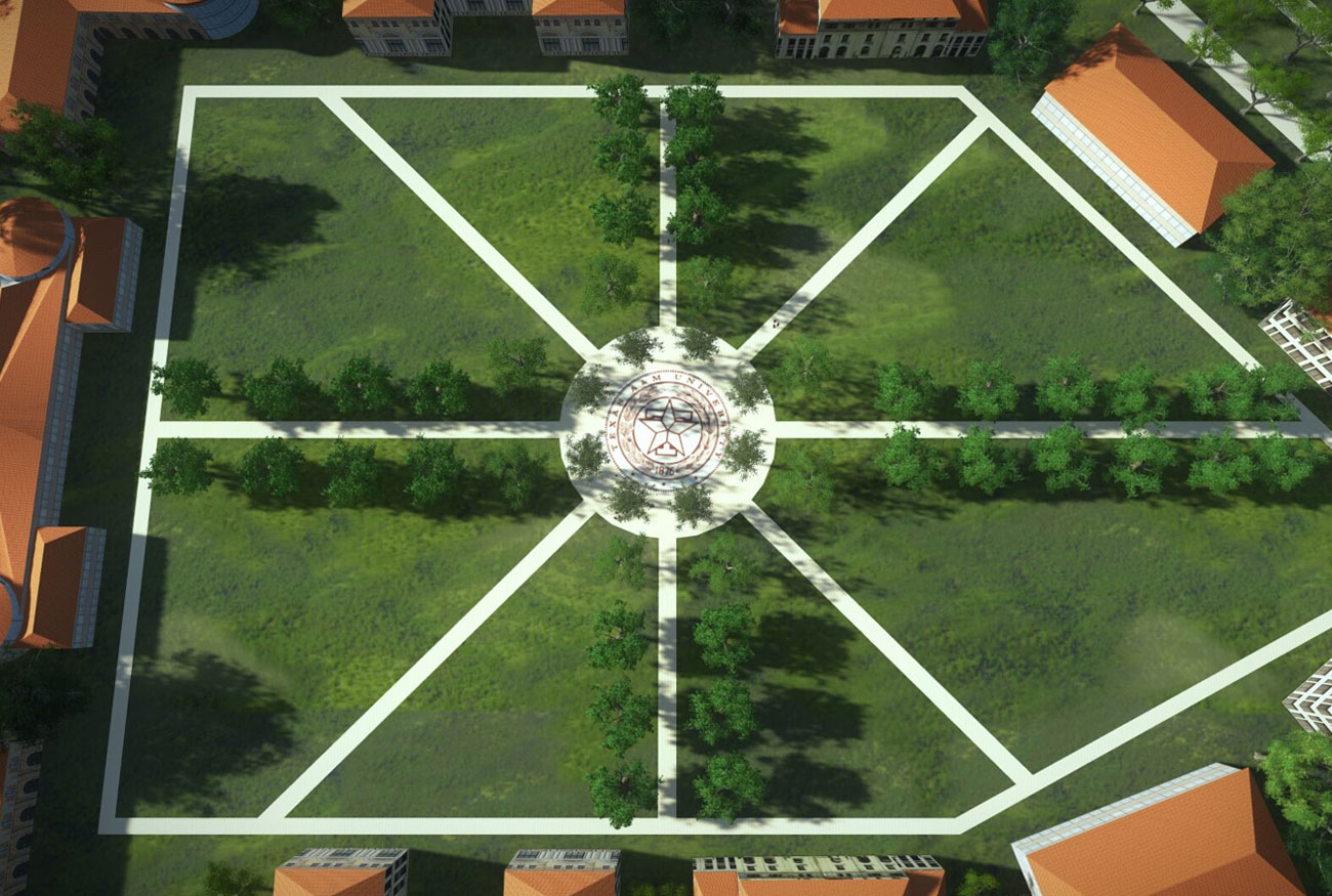 Photo of an aerial view of a simulated Rellis campus with Texas A&amp;M University seal