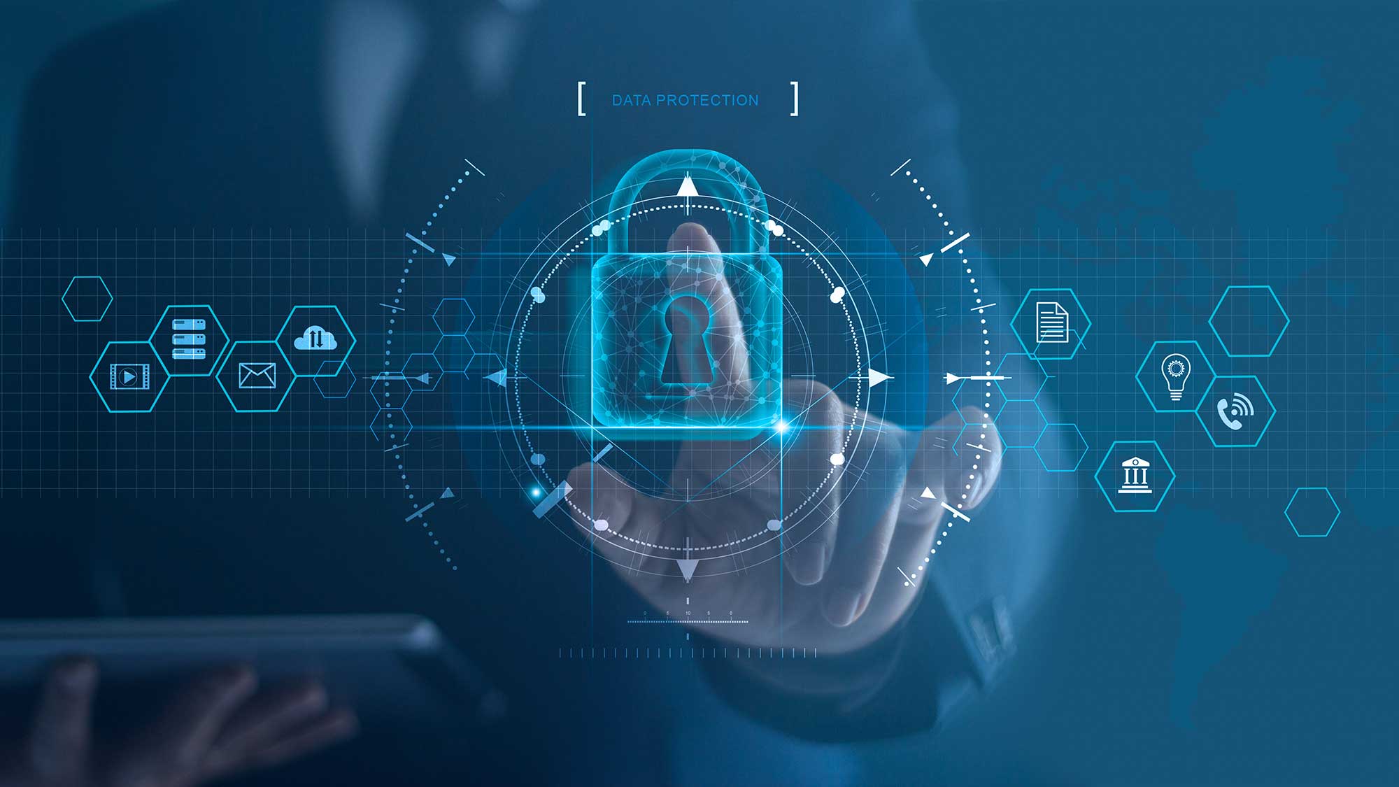 The words "[DATA PROTECTION]" above finger hovering over a padlock icon, surrounded by internet technology networking symbols. 