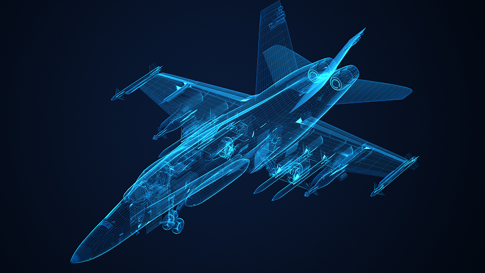 Light blue wireframe of a fighter jet sits on a dark navy background